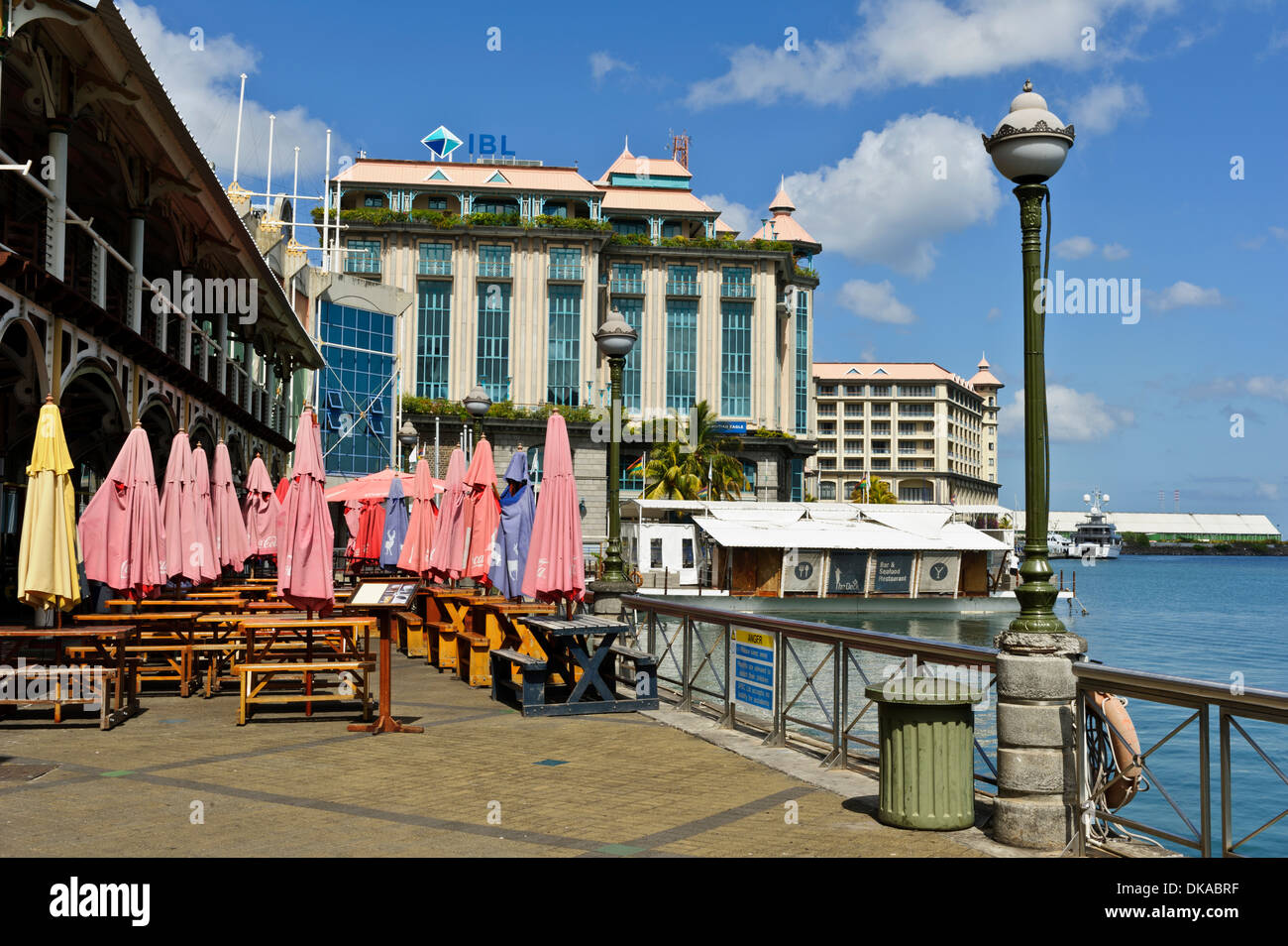 Caudan Waterfront mit Restaurants, Bars und beliebten Sehenswürdigkeiten, Port Louis, Mauritius. Stockfoto