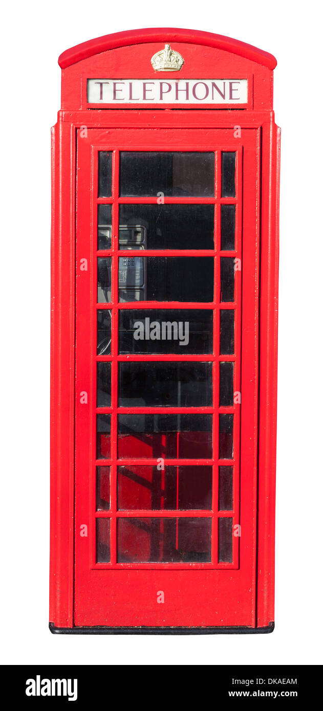 Rote Telefonzelle, isoliert auf weiss mit einem Beschneidungspfad Stockfoto