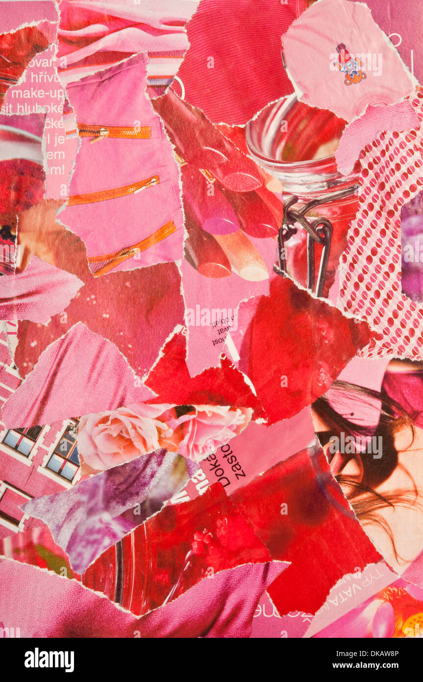 Abstrakte Collage von zerrissenem Papier mit rosa Farbtönen Stockfoto