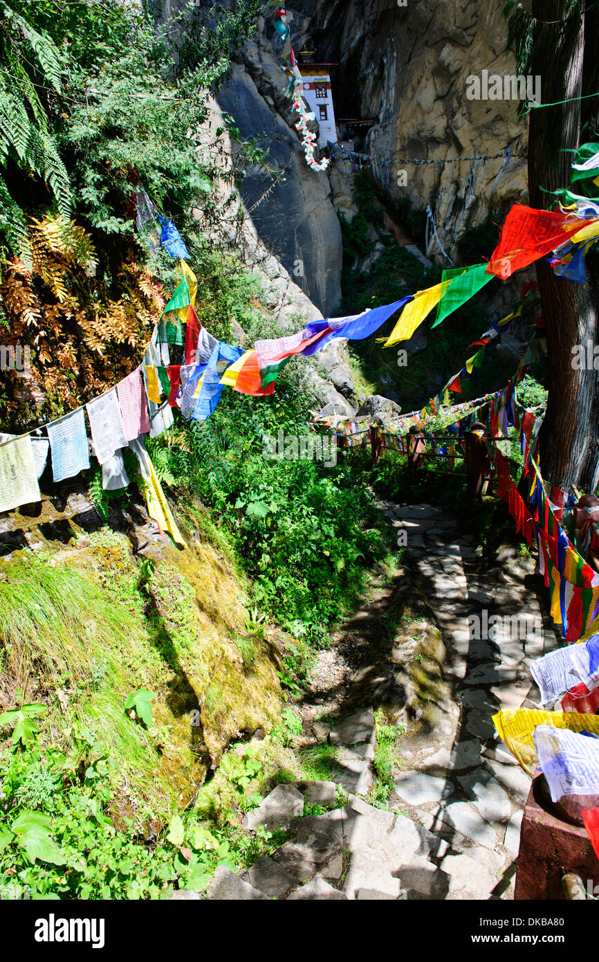 Tiger's Nest, 10.180 Fuß hoch, zwei Stunden Wanderung, Schritte nach unten und oben, Cliffhanger, buddhistische Pilgerfahrt, sehr heiligen heiligen Ort, paro Bhutan Stockfoto