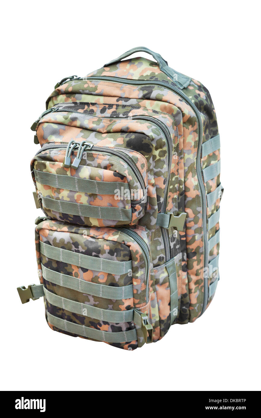Camouflage Rucksack isoliert auf weiss Stockfoto