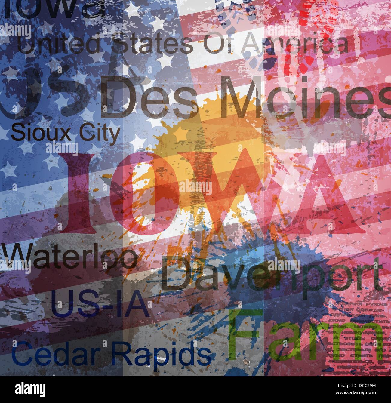 Iowa State. Wort-Grunge-Collage auf Hintergrund. Stock Vektor