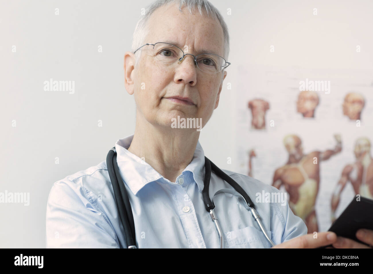 eine Frau Doc mit einem menschlichen Muskel Person Plakat im Hintergrund und mit einem Stift auf Laptop oder desktop Stockfoto