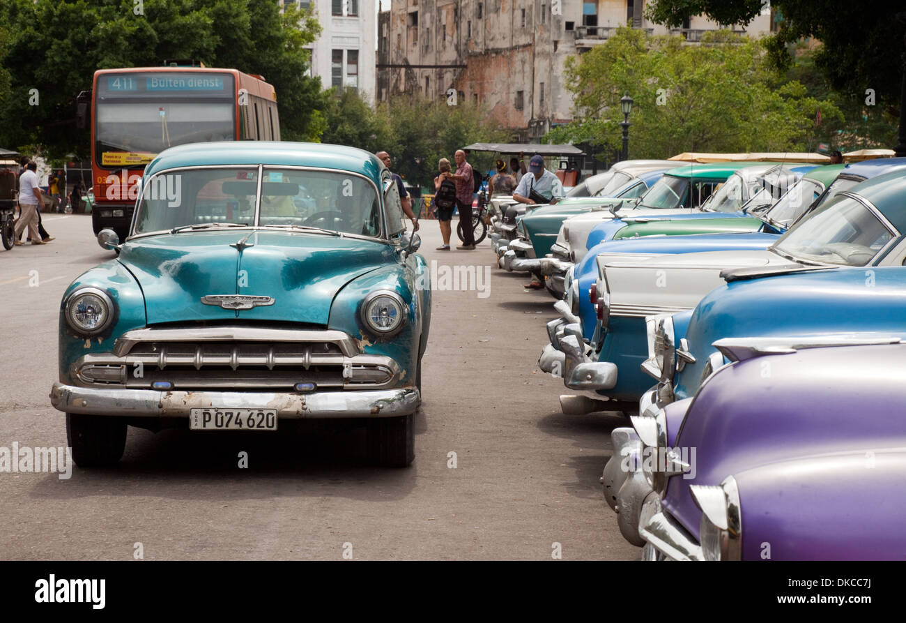 Bunte alte 1950er Jahre amerikanische Autos auf der Straße, Havanna, Kuba, Caribbean Stockfoto