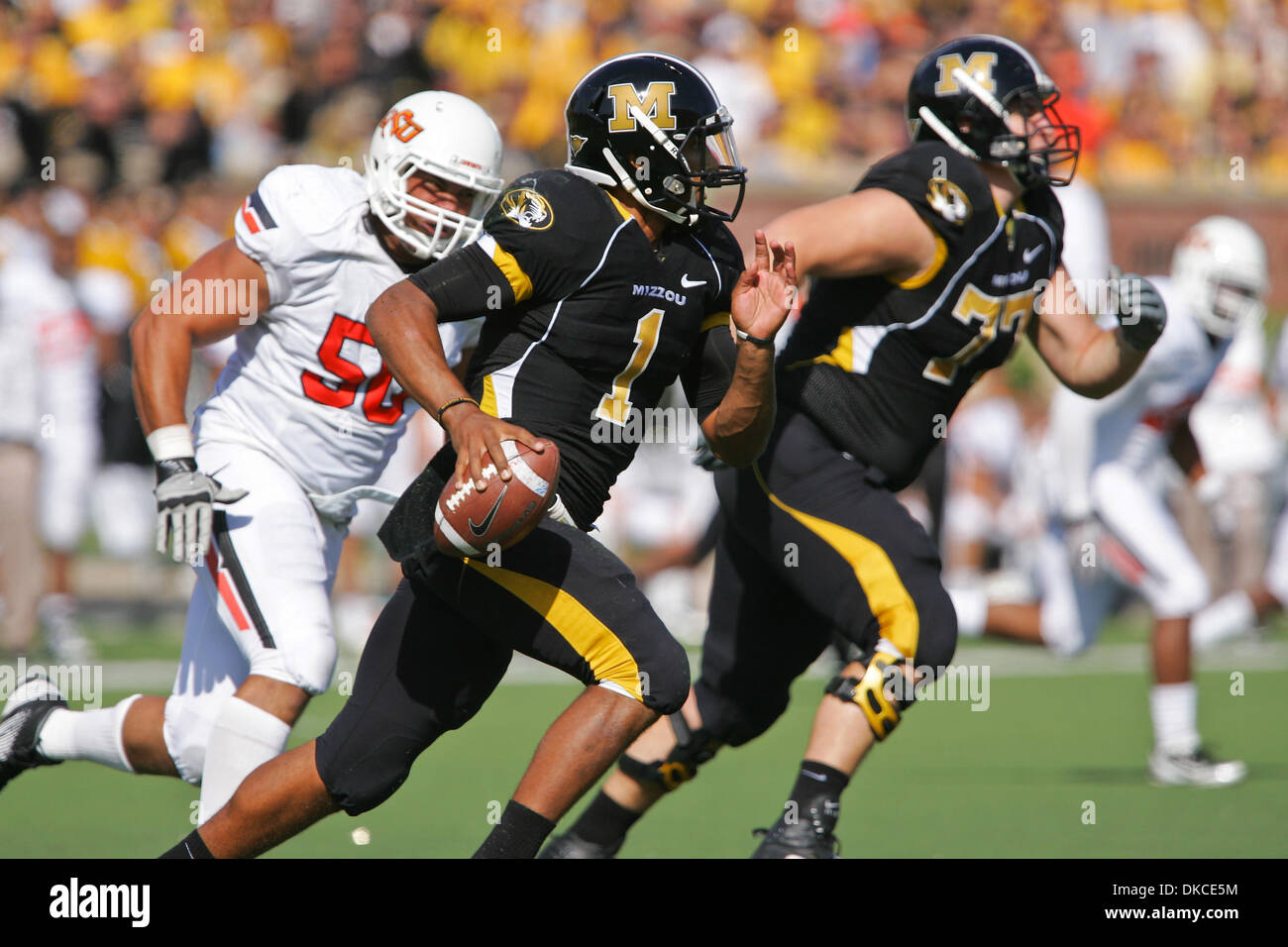 21. Oktober 2011 - Columbia, Missouri, USA - Missouri Tigers quarterback James Franklin (1) läuft mit dem Ball während des Spiels zwischen der University of Missouri und Oklahoma State auf Faurot Field at Memorial Stadium auf dem Campus der University of Missouri in Columbia. Oklahoma besiegte Missouri 45-24. (Bild Kredit: Jimmy Simmons/Southcreek/ZUMAPRESS.com ©) Stockfoto