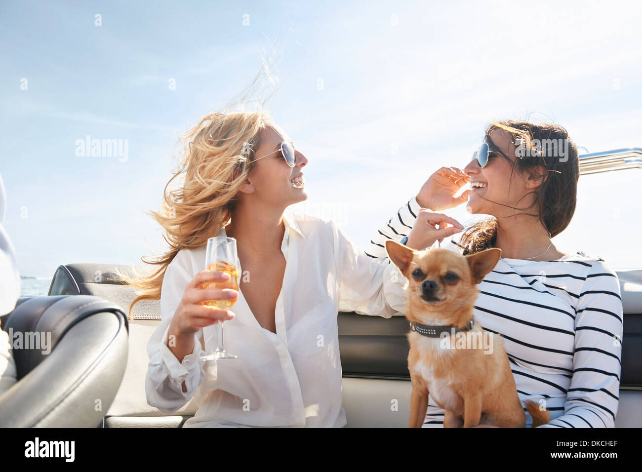 Junge Frauen auf Boot mit Wein Stockfoto