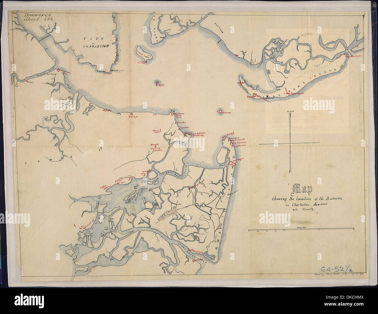 Diese Karte zeigt die Lage der Batterien in Charleston Hafen und Umgebung. Verfolgt von Henri Pechot (oder Pichot), Co... 305803 Stockfoto