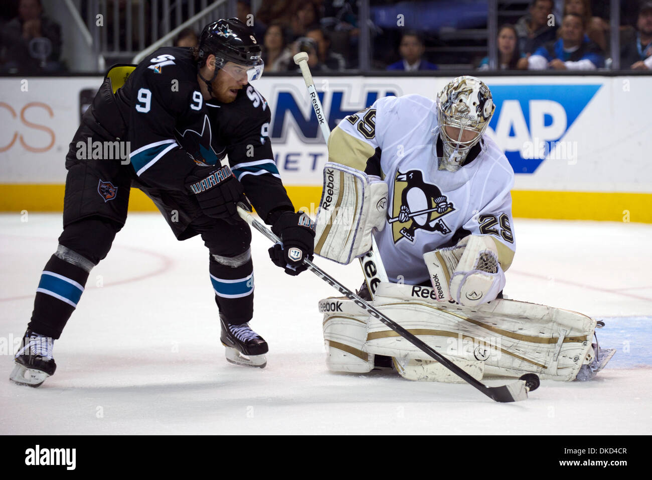 3. November 2011 - hält San Jose, Kalifornien, USA - Pinguine Torhüter Marc-Andre Fleury (29) Haie Rechtsaußen Martin Havlát (9) während der NHL-Spiel zwischen den San Jose Sharks und den Pittsburgh Penguins im HP Pavilion in San Jose, Kalifornien. Die Haie gewann 4: 3 bei einem Schusswechsel. (Kredit-Bild: © Matt Cohen/Southcreek/ZUMAPRESS.com) Stockfoto