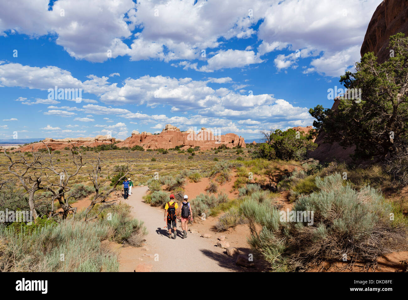 Wanderer auf des Teufels Garden Trail, Arches-Nationalpark, Utah, USA Stockfoto