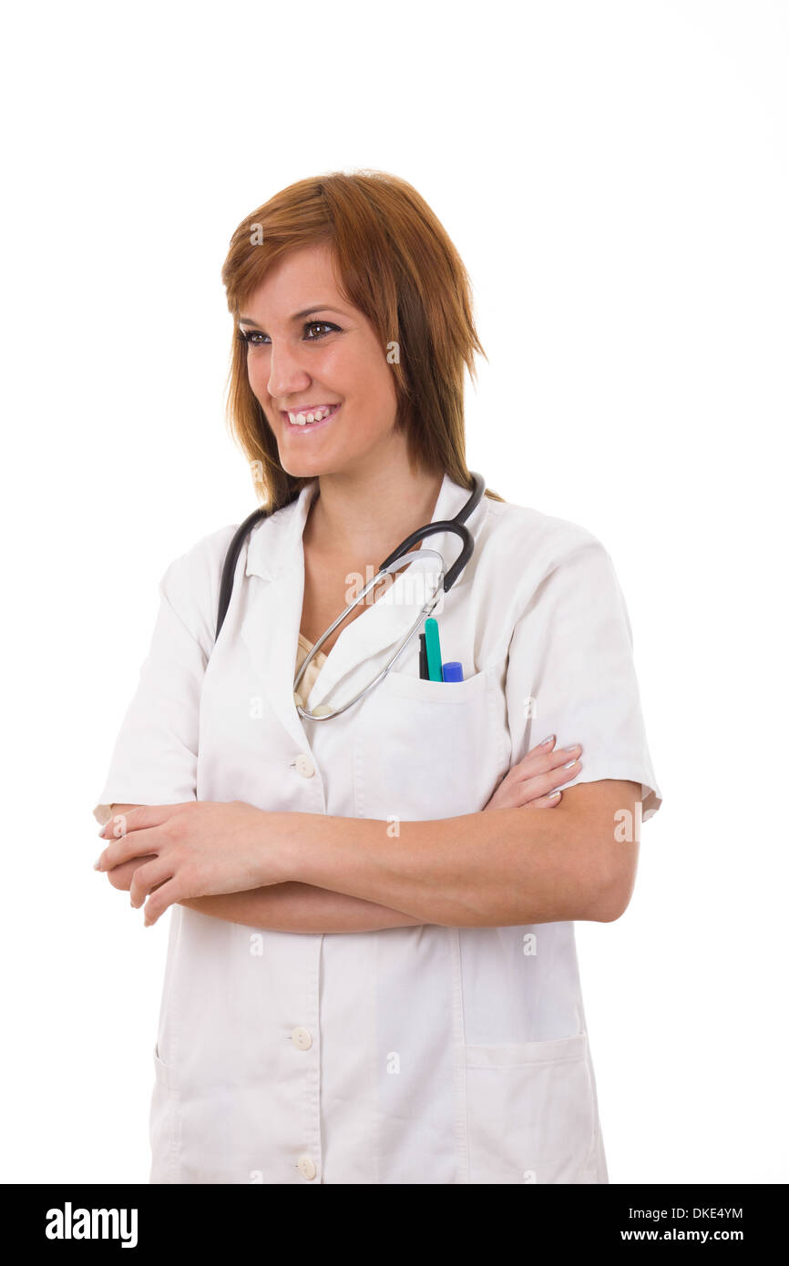 Krankenschwesterpraktiker lächelnd in weiße uniform mit Stethoskop isoliert Stockfoto
