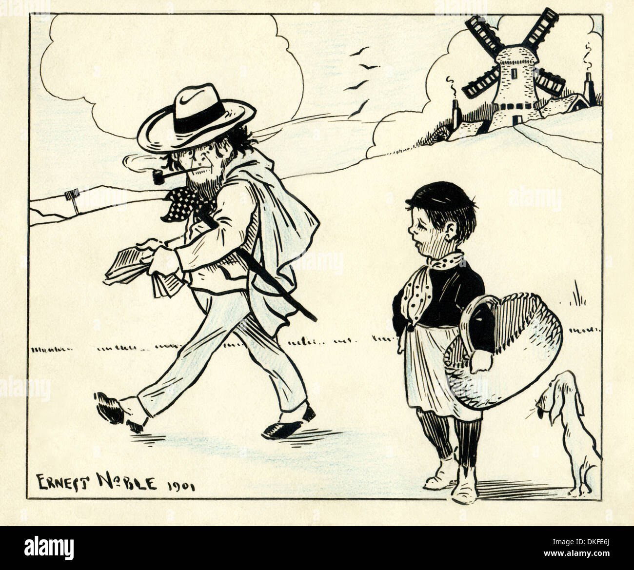 Original Feder und Tinte-Illustration / Comic-Künstlers Ernest Noble Anfang des 20. Jahrhunderts. Siehe Beschreibung für Notizen auf der Rückseite. Stockfoto