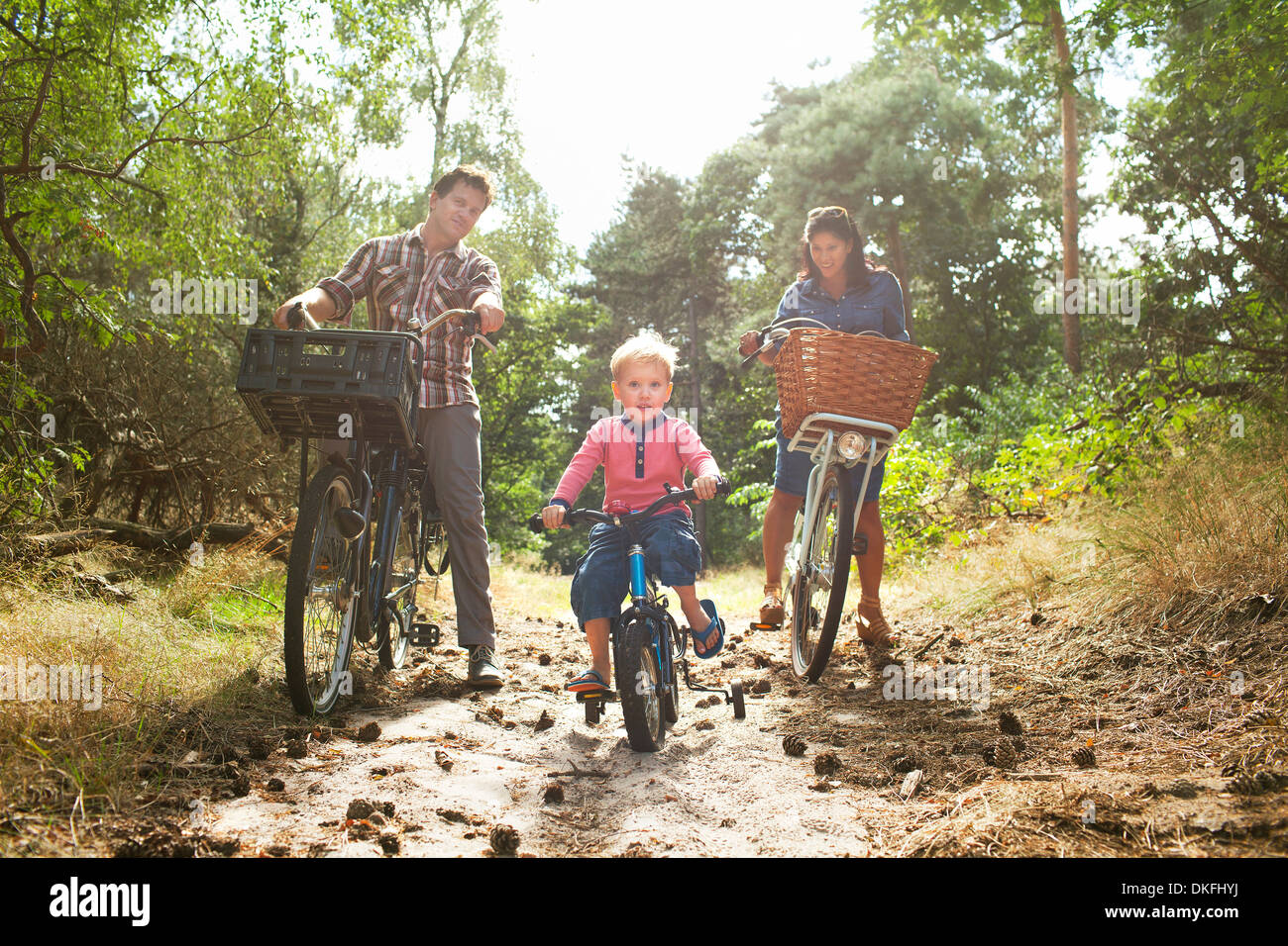 Familie Radfahren aber Wald Stockfoto