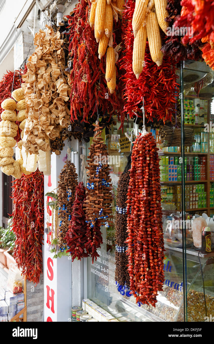 Chili und anderen Gewürzen hängt vor Gewürz Shop, Bodrum, Muğla Provinz, Ägäis, Türkei Stockfoto
