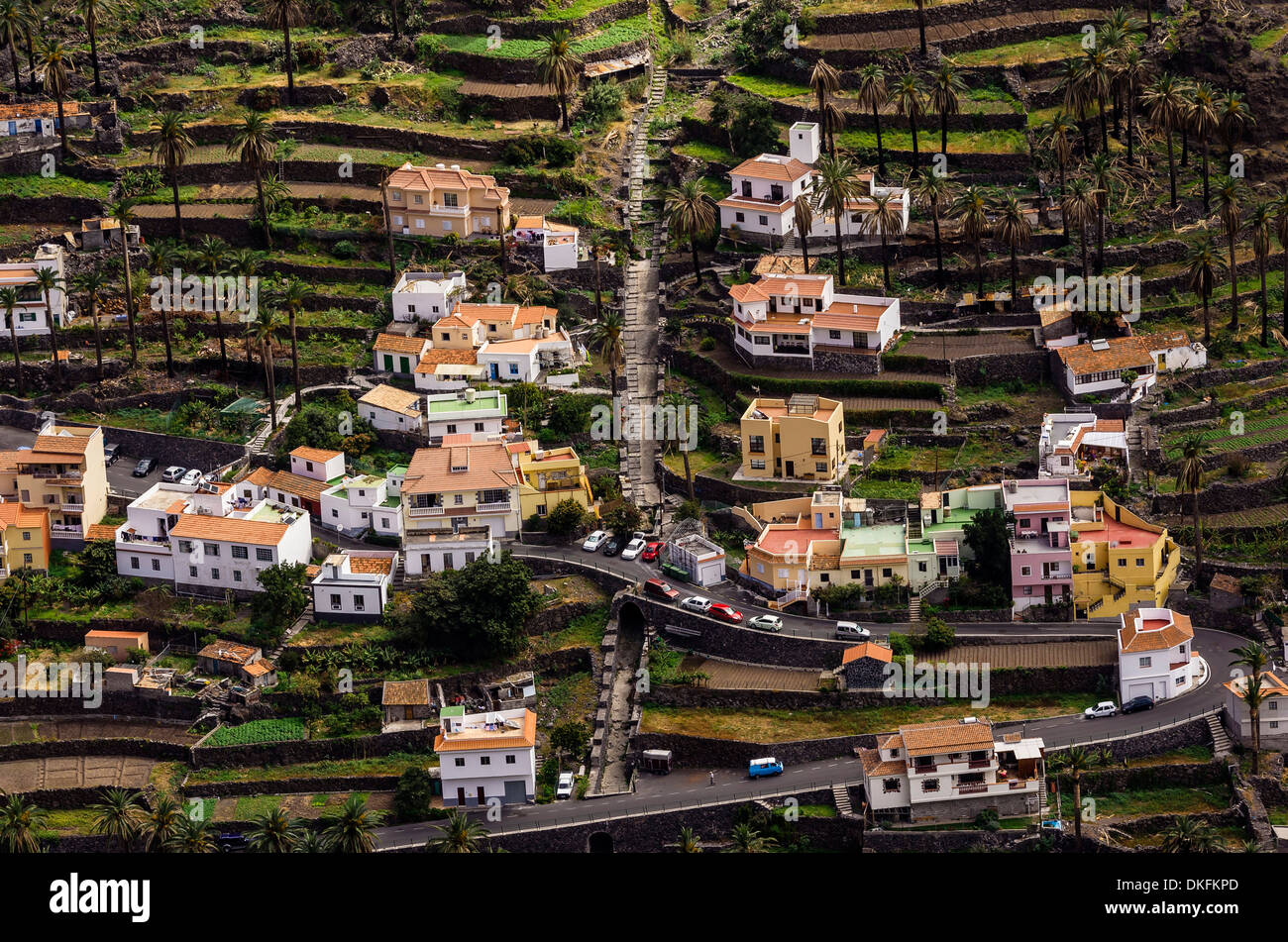 Häuser im Tal, Lomo del Moral, La Gomera, Kanarische Inseln, Spanien Stockfoto