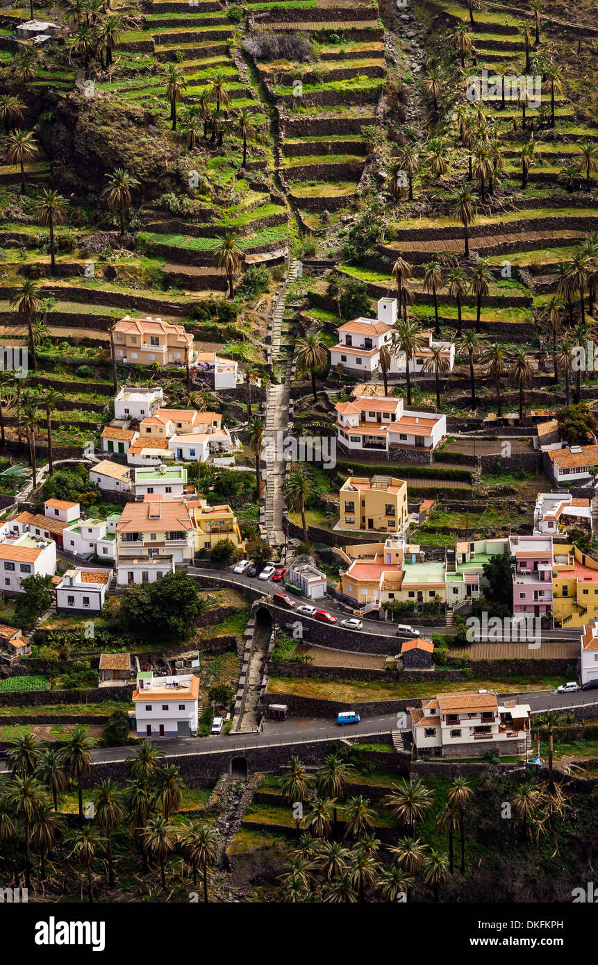 Häuser im Tal, Lomo del Moral, La Gomera, Kanarische Inseln, Spanien Stockfoto