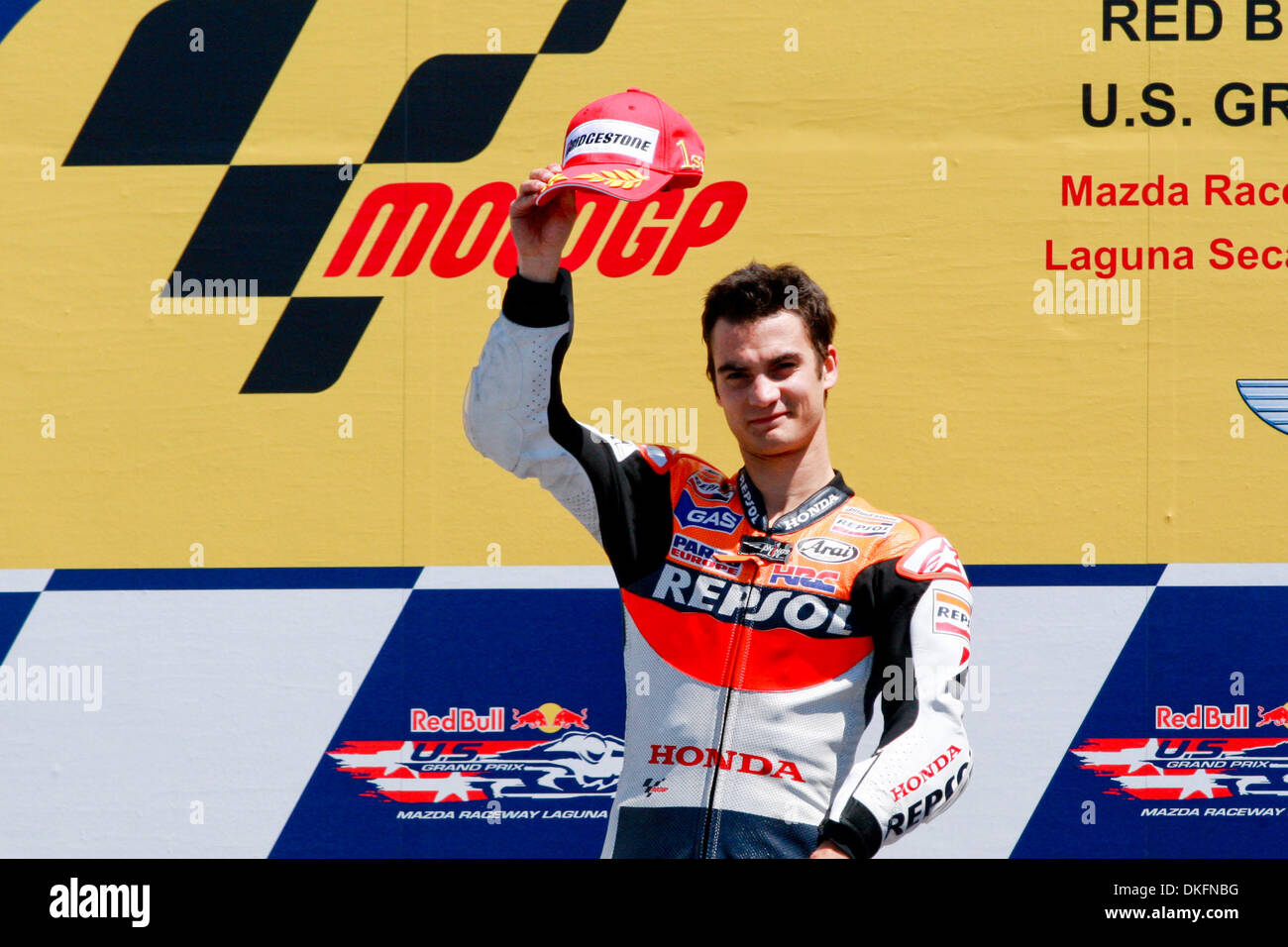 5. Juli 2009 - Monterey, Kalifornien, USA - DANI PERDOSA von Sabadell, Barcelona, #3-Motorrad für die Respol Honda Team Honda fährt feiert seinen Sieg beim MotoGP in der Mazda Raceway Laguna Seca für Moto GPs 8. Rennen für die Saison 2009. (Kredit-Bild: © Konstandinos Goumenidis/Southcreek Global/ZUMA Press) Stockfoto