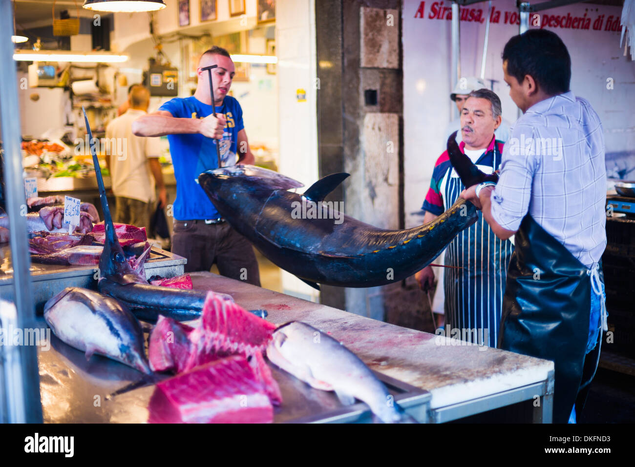 Fischhändler zu filetieren und eine enorme Thunfisch auf Syrakus Markt auf der Insel Ortigia, Syrakus, Sizilien, Italien, Europa Stockfoto