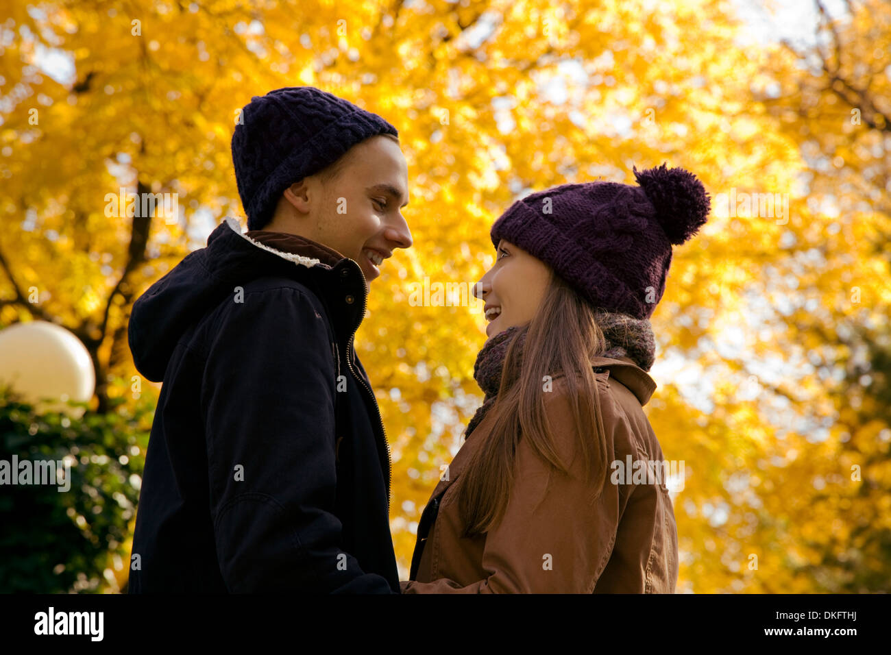 Junges Paar von Angesicht zu Angesicht im Herbst Park, Wien, Österreich Stockfoto