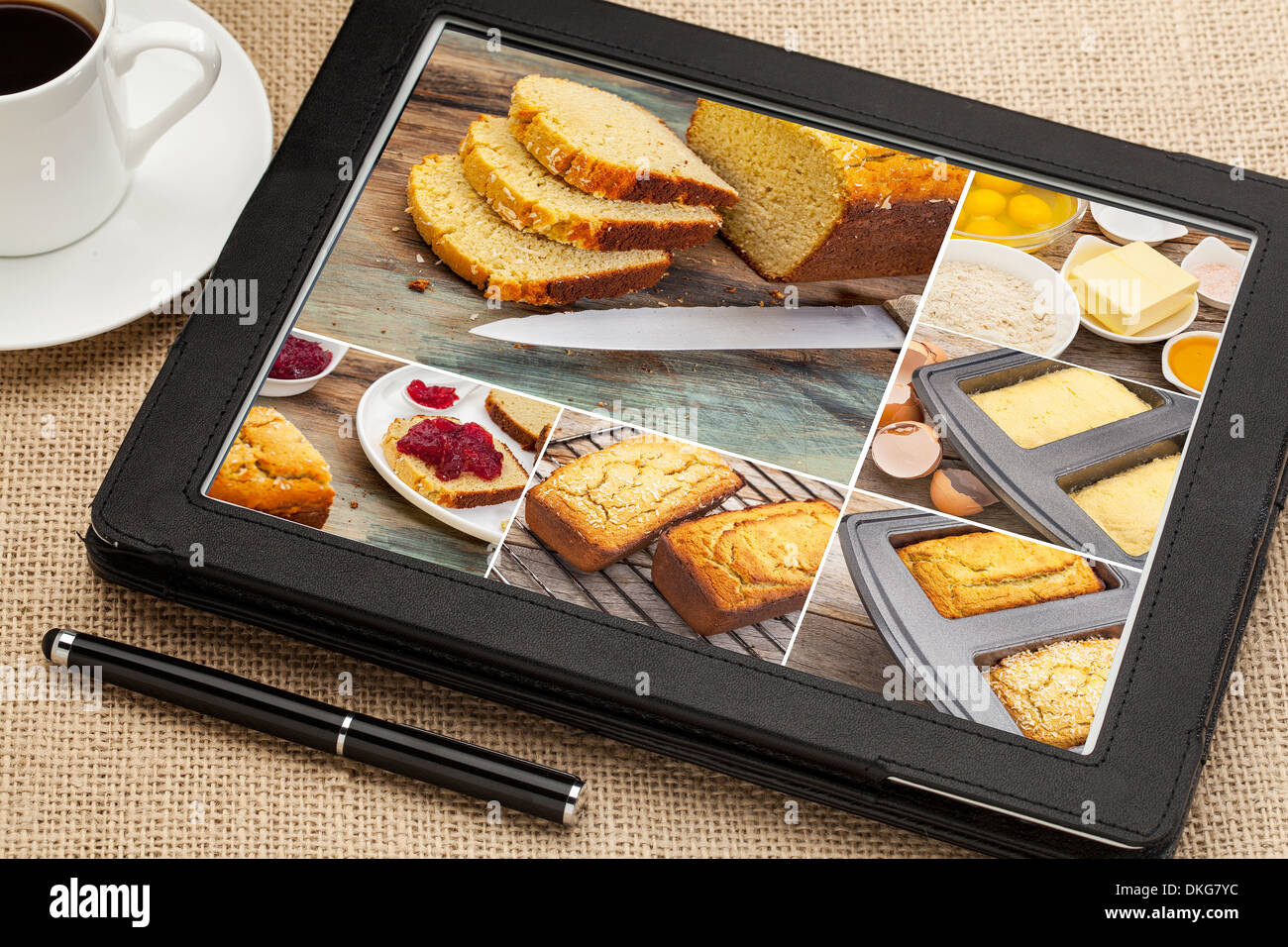 alle Bilder copyright des Fotografen Brotbacken Gluten freie Kokos Mehl - eine Sequenz von Bildern auf einem digitalen tablet Stockfoto