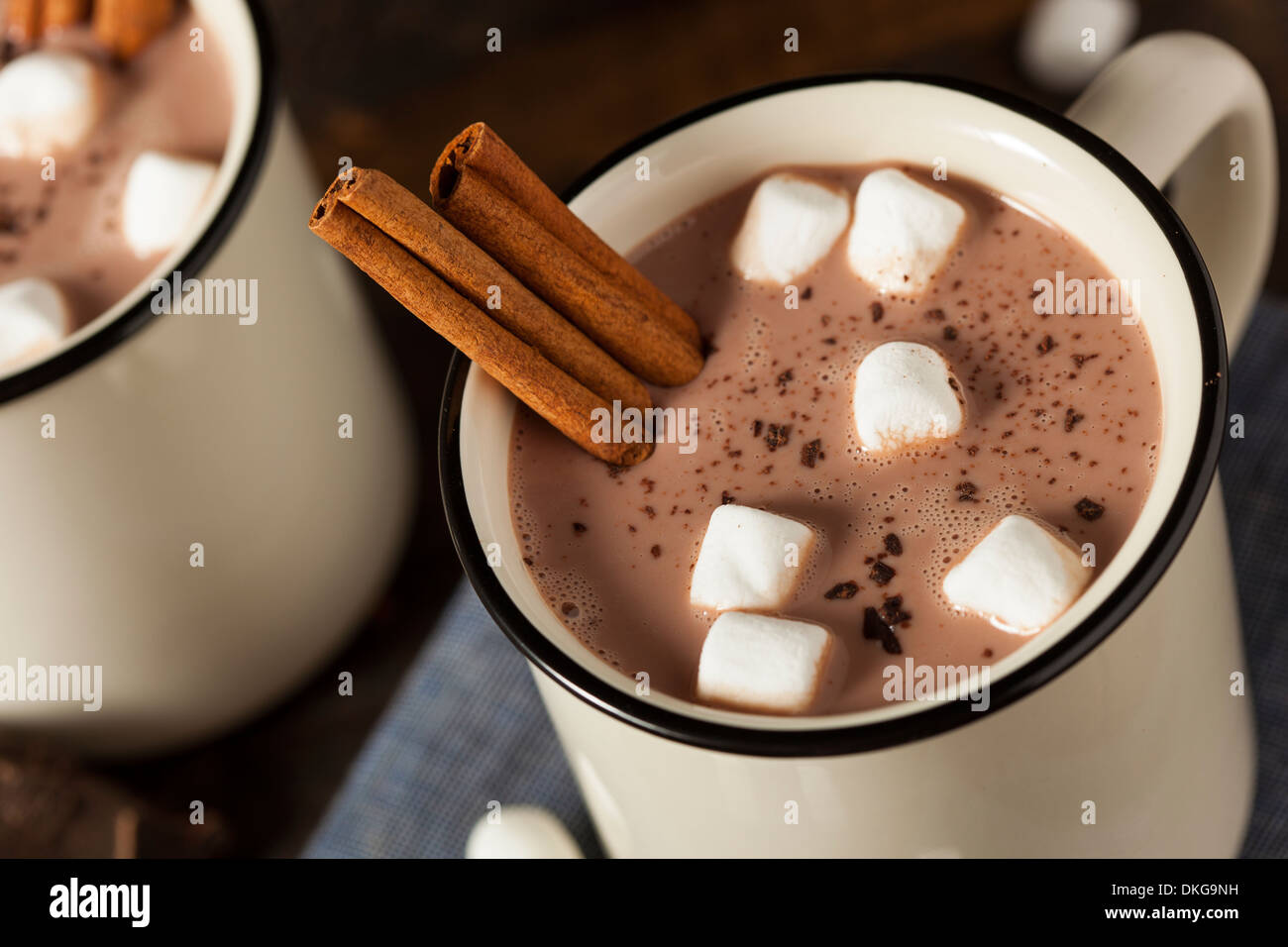 Gourmet-heiße Schokolade Milch mit Zimt und Marshmallows Stockfoto