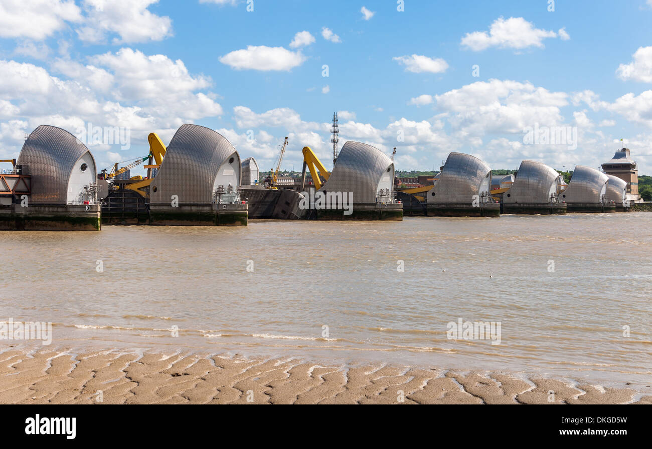 Die Thames Barrier - bewegliche Sperrwerks im Osten von London, Vereinigtes Königreich Stockfoto