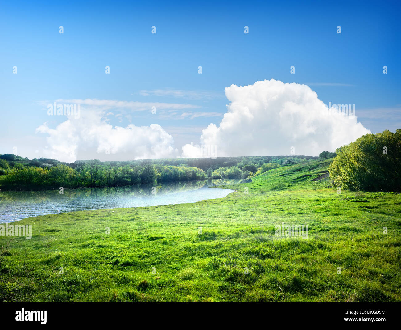 Fluss und Feld an einem sonnigen Sommertag Stockfoto