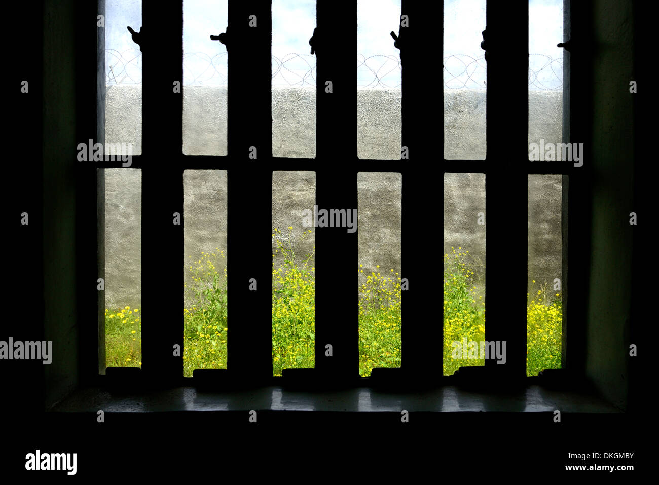Robben Island Gefängnis Penitentiary maximaler Sicherheit Gefängnis Kapstadt Fenstergitter Aussehen schauen Stockfoto