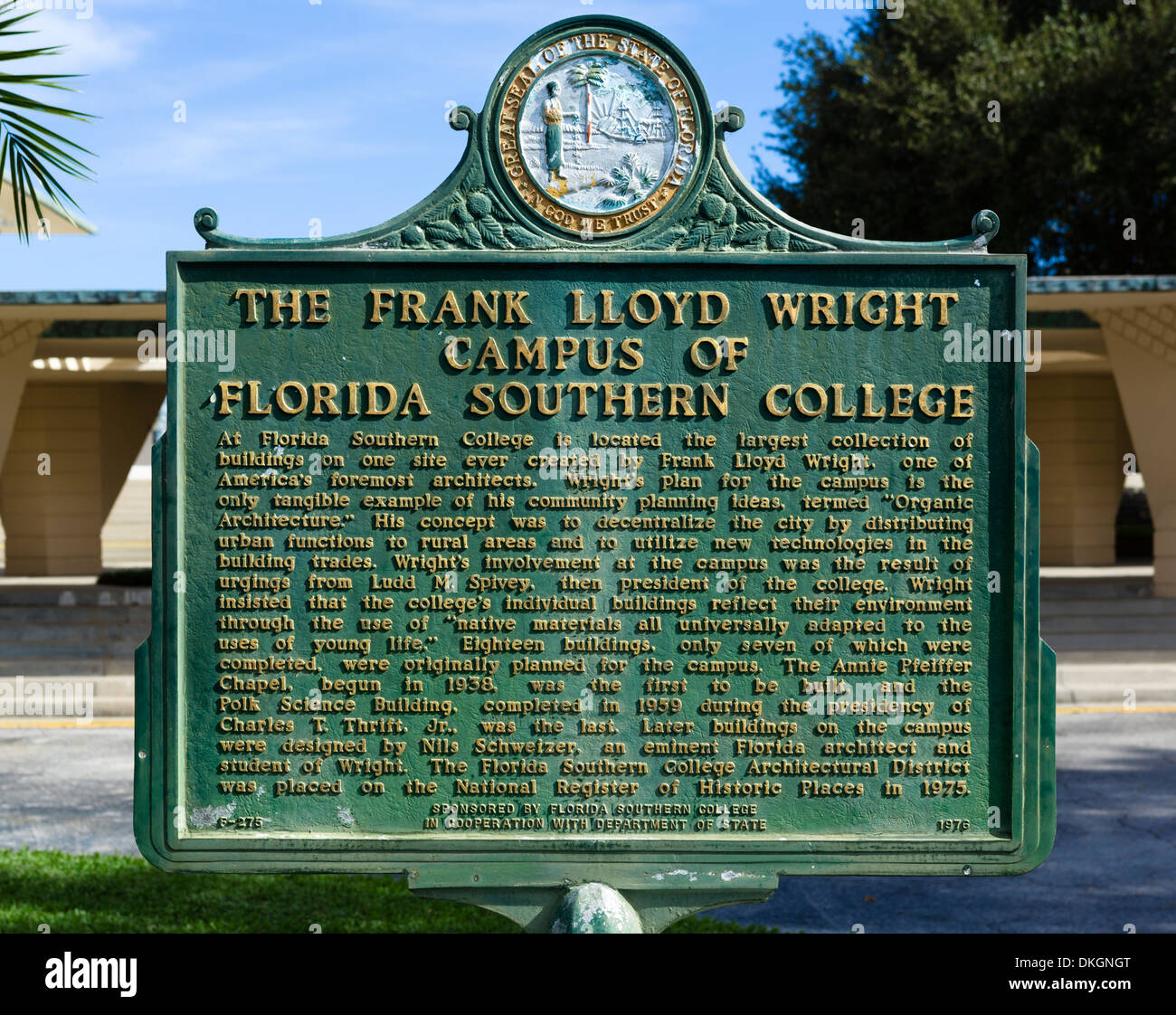 Gedenktafel auf dem Campus von Frank Lloyd Wright in Florida Southern College, Lakeland, Polk County, Zentral-Florida, USA Stockfoto
