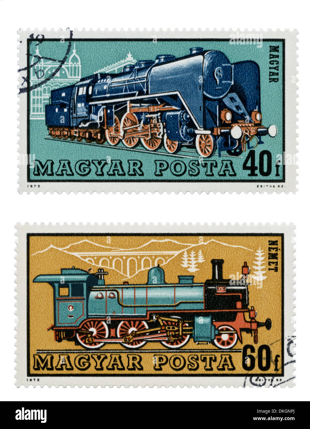 Zug-Briefmarken für Magyar Posta in Budapest, Ungarn Stockfoto
