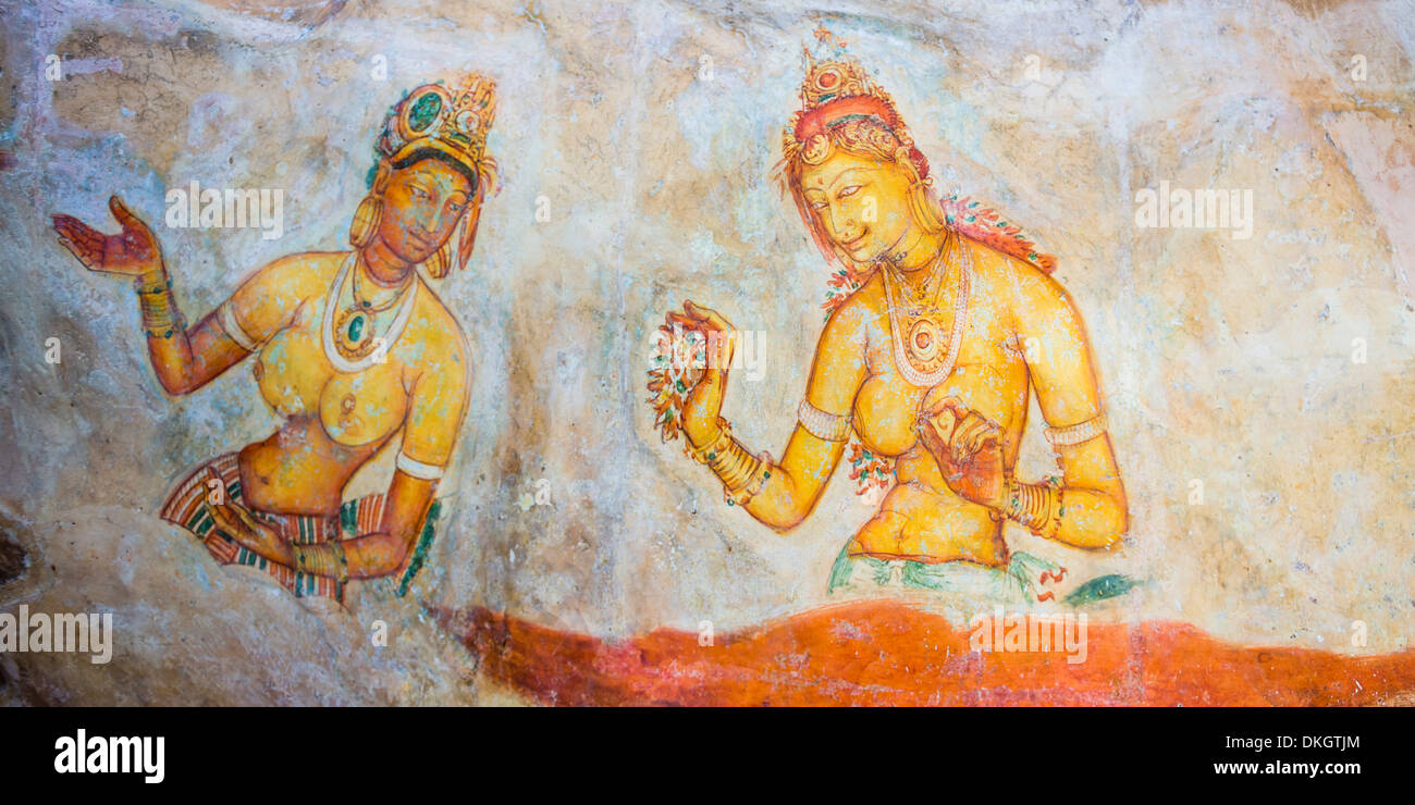 Apsara Fresken auf Spiegelwand am Sigiriya-Felsen Festung, UNESCO World Heritage Site, Sri Lanka, Asien Stockfoto