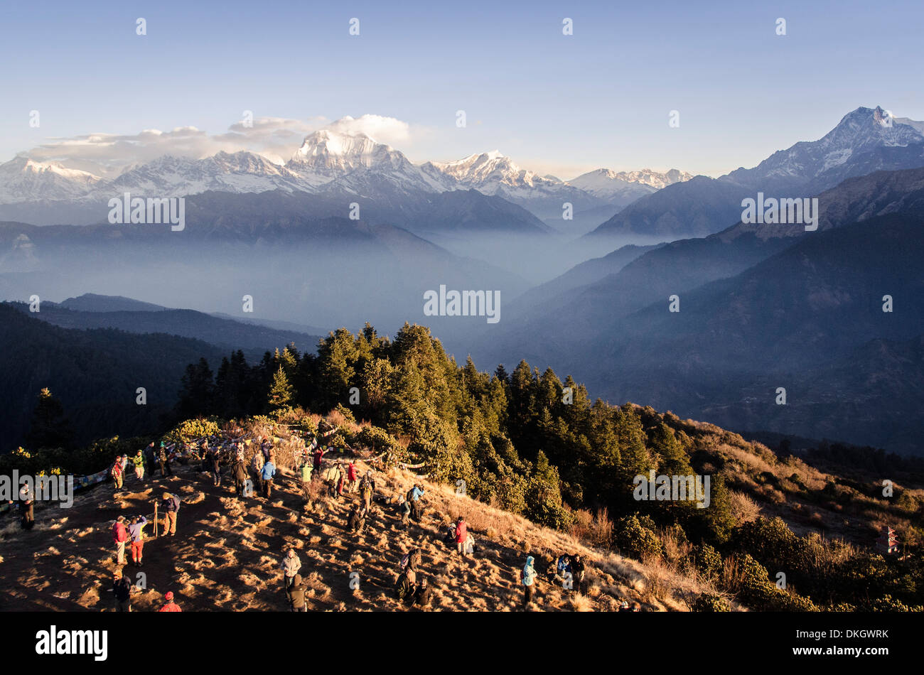Touristen versammeln sich auf Poon Hill, den Sonnenaufgang über den Annapurna Himal, Nepal, Annapurna Conservation Area, Himalaya Stockfoto