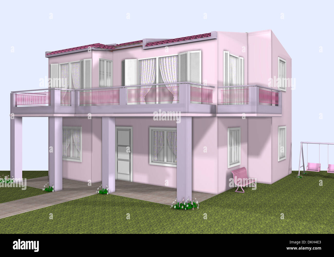 3D Darstellung der rosa Puppenhaus oder Haus mit Rasen, Außenbank und Schaukeln. Stockfoto
