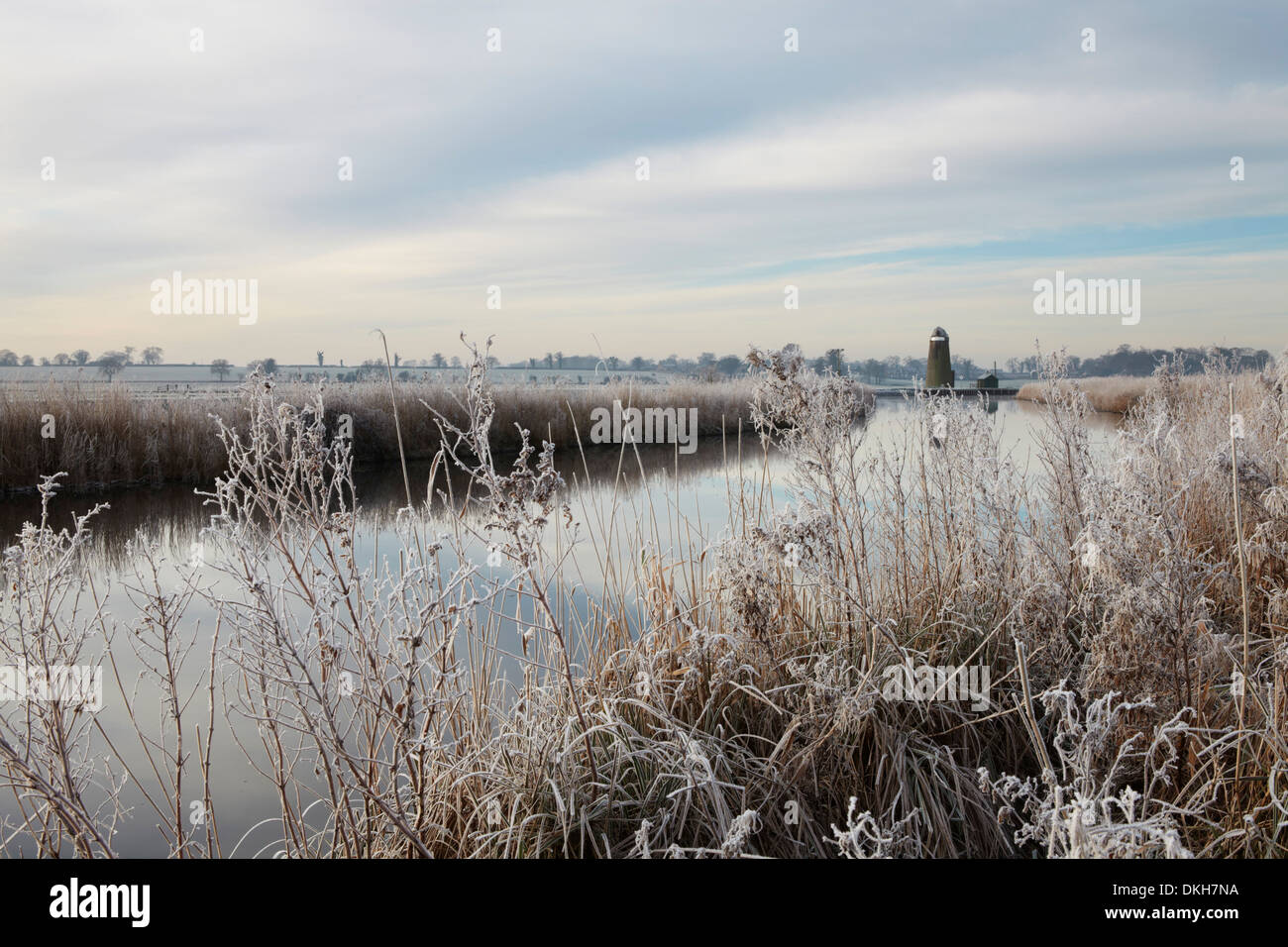 Winter-Szene in den Norfolk Broads in der Nähe von Ludham Brücke, Norfolk, Großbritannien, Europa Stockfoto