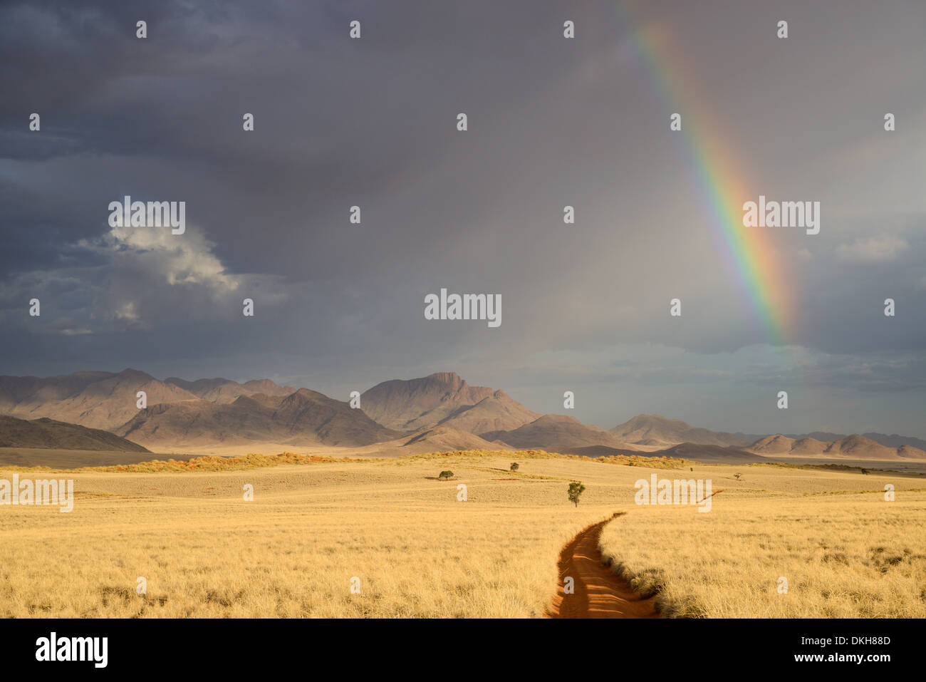 Wolken und Regenbogen am frühen Abend im NamibRand Nature Reserve, Namib-Wüste, Namibia, Afrika Stockfoto