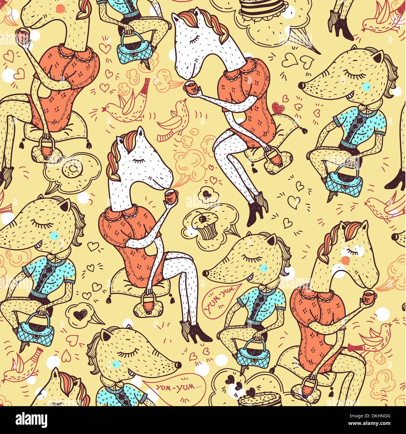Vektormuster mit lustigen Tieren Teetrinken mit cupcakes Stock Vektor