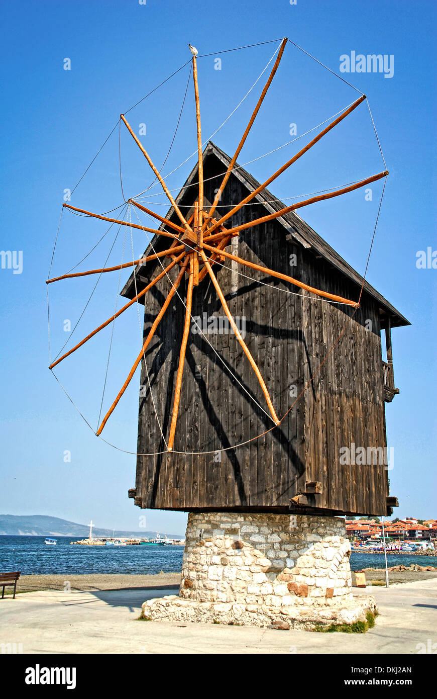 Hölzerne Windmühle, Nessebar, Bulgarien Stockfoto