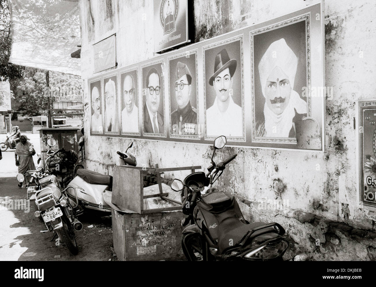 Indische historische Helden Chennai Madras in Tamil Nadu in Indien in Südasien. Geschichte historische Gandhi Porträt Porträtmalerei Held Reportage Travel Stockfoto