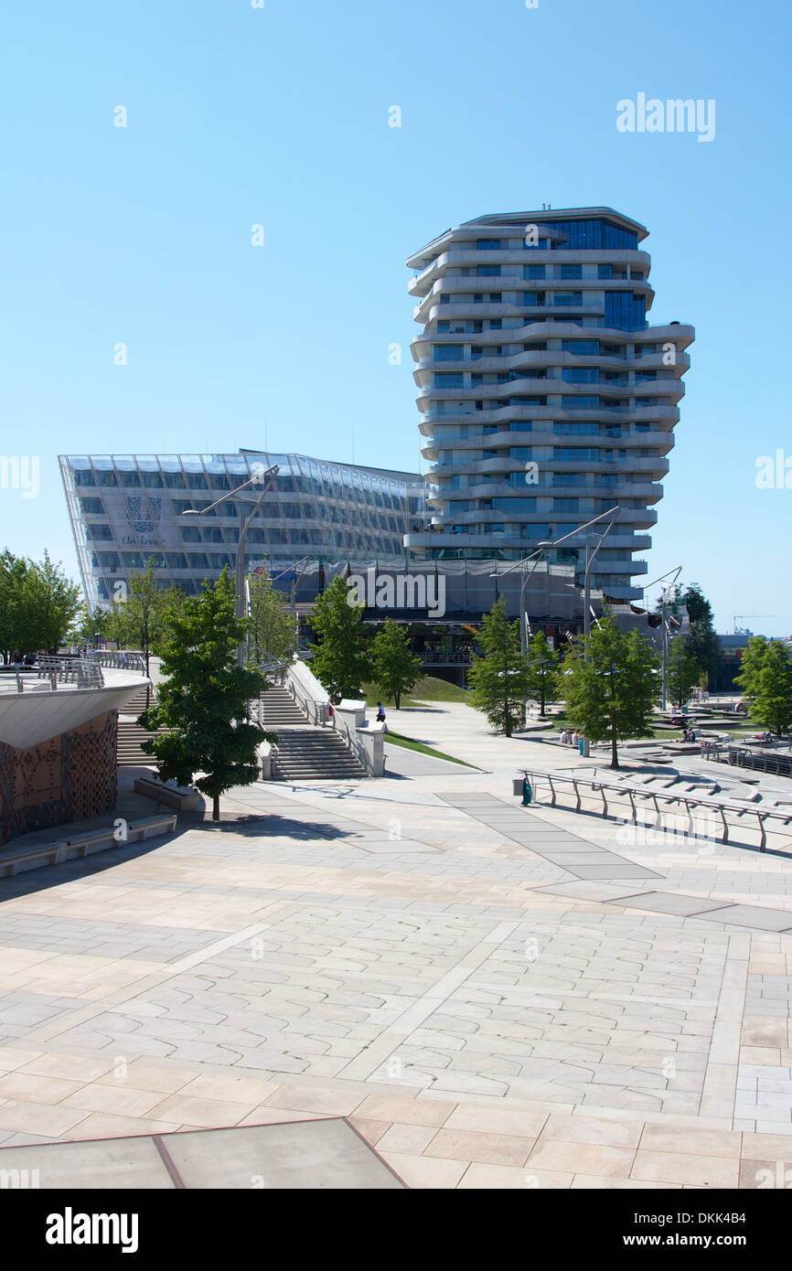 Unilever HQ und Marco-Polo-Tower condominium in der Hamburger HafenCity. Stockfoto