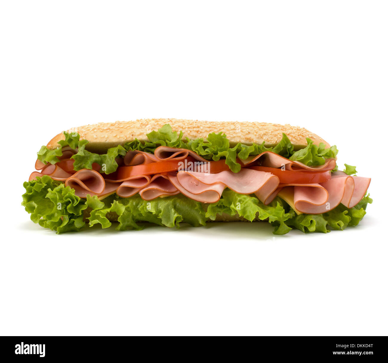Fast-Food-Baguette-Sandwich mit Salat, Tomaten, Schinken und Käse Stockfoto