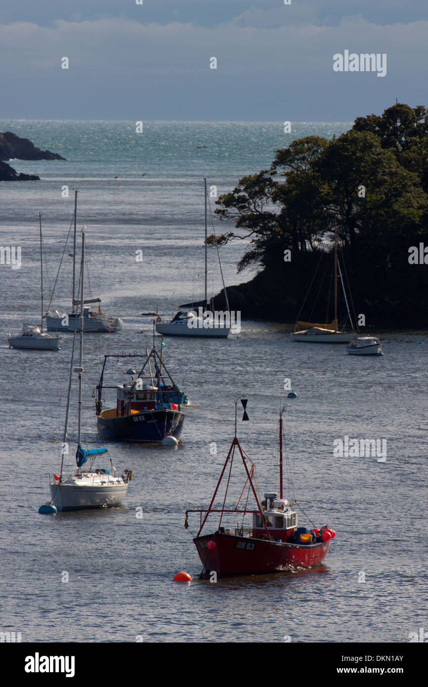 Boote vor Anker in der Mündung des Flusses Dart, Dartmouth, Devon Stockfoto