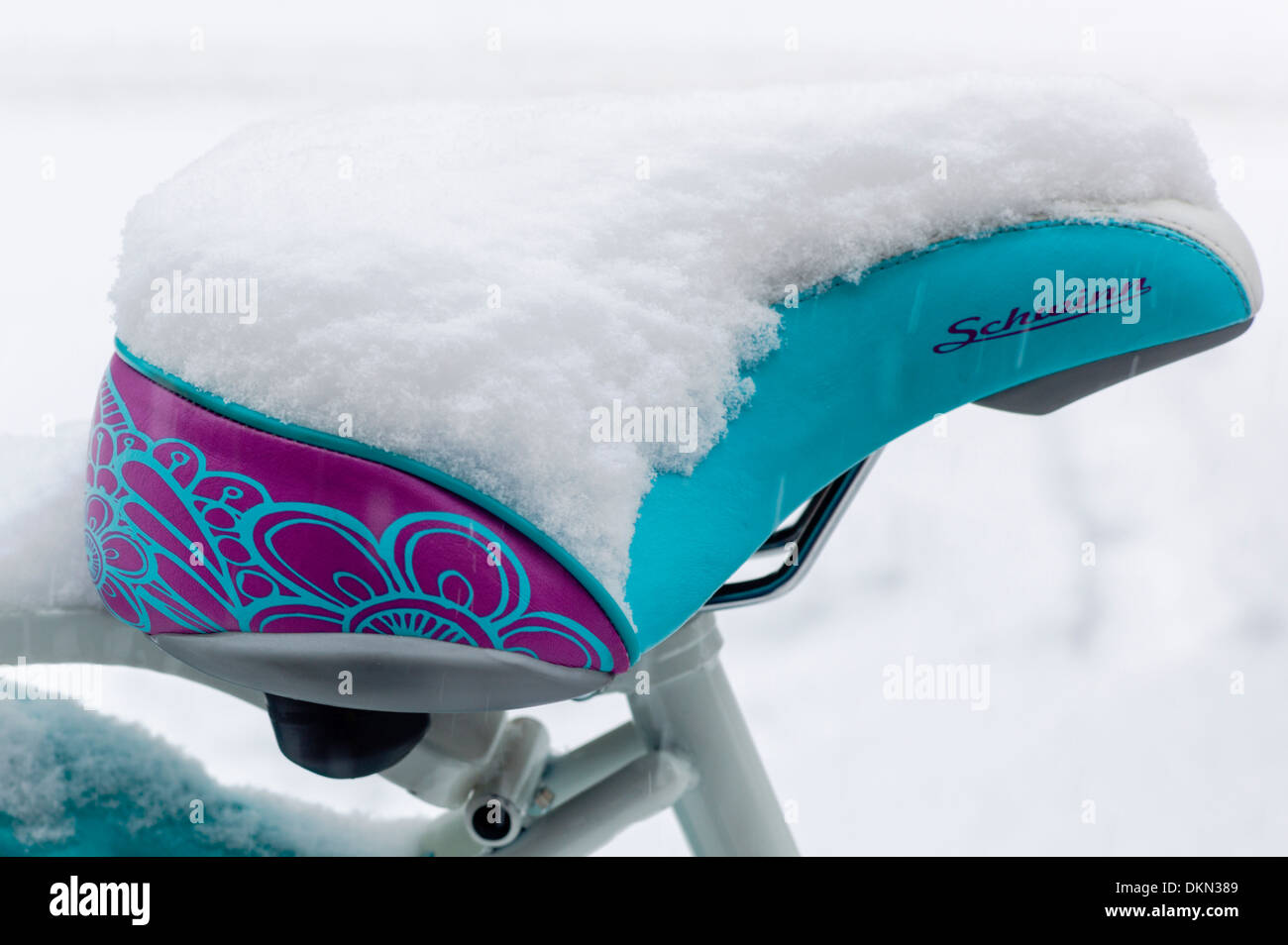 Schneereiche Winter Blick auf dem Fahrrad vor einem Geschäft in der historischen Innenstadt von Salida, Colorado, USA Stockfoto