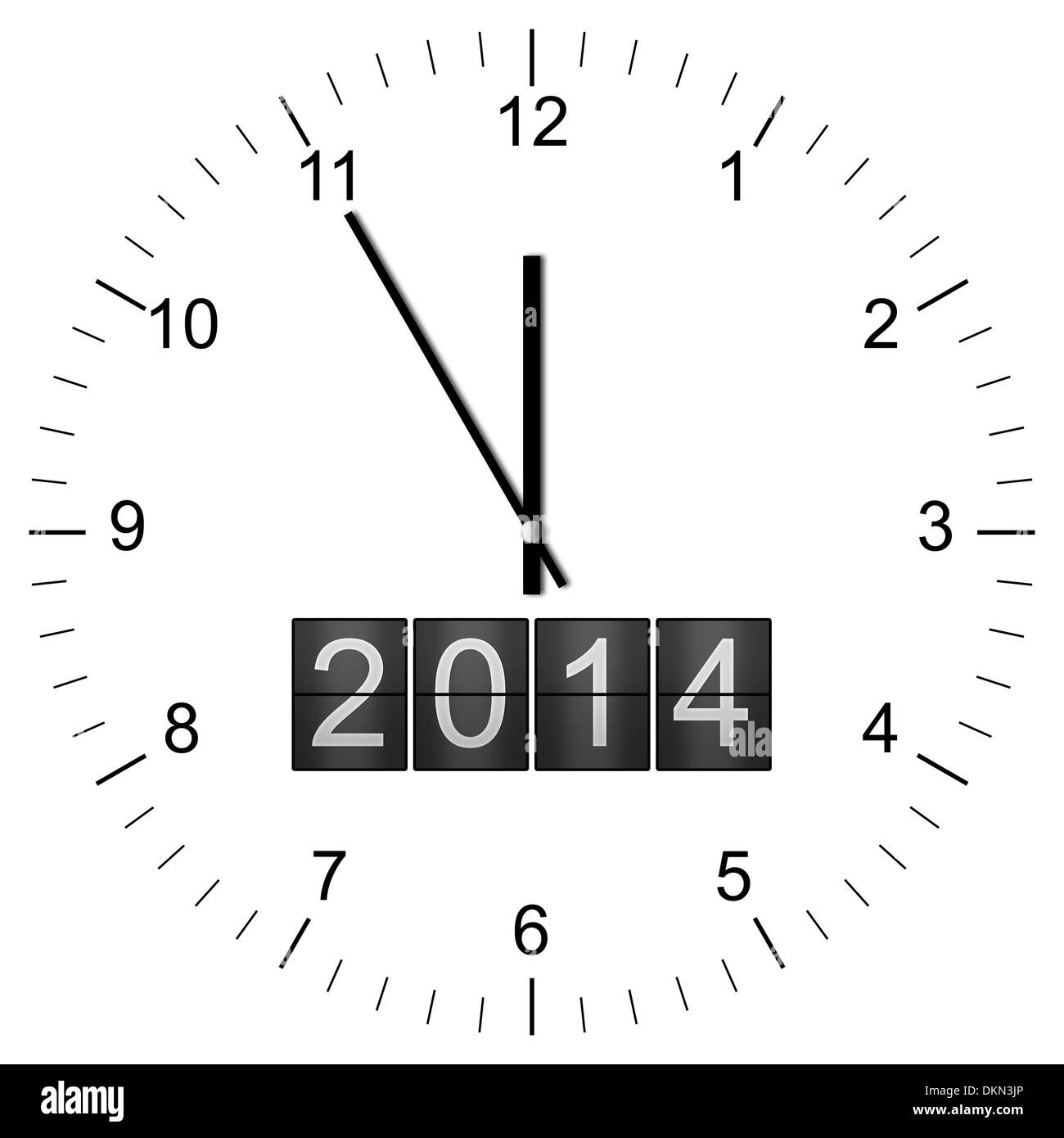 Abbildung einer Uhr mit Jahr 2014 Ankündigung zeigt 11:55 isoliert auf weißem Hintergrund Stockfoto