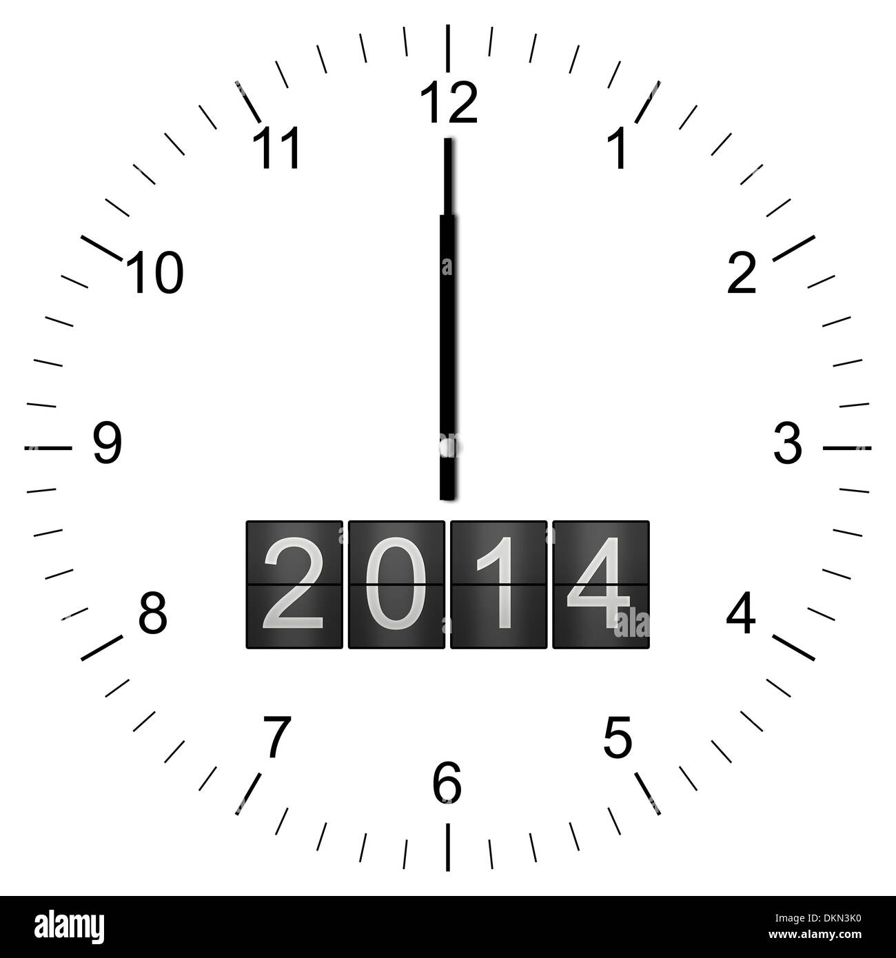 Abbildung einer Uhr mit Jahr 2014 Ankündigung zeigt 12:00 isoliert auf weißem Hintergrund Stockfoto