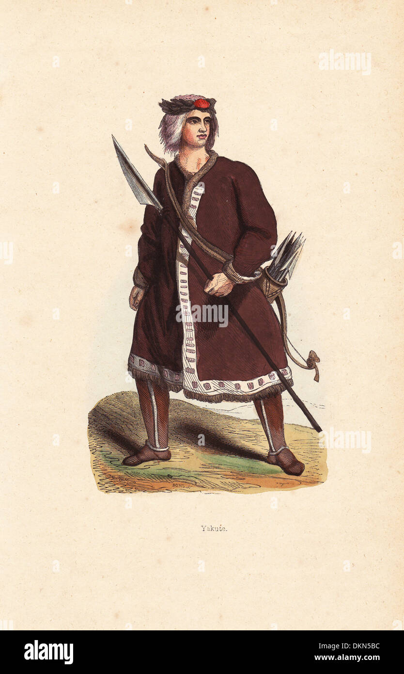 Jakutische Mann trägt einen Pelz gefütterten Mantel mit Speer, Bogen und  Köcher Stockfotografie - Alamy