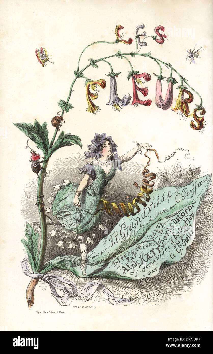 Titelblatt mit Abbildung der Blume Fee stehend auf einer Blume. Stockfoto