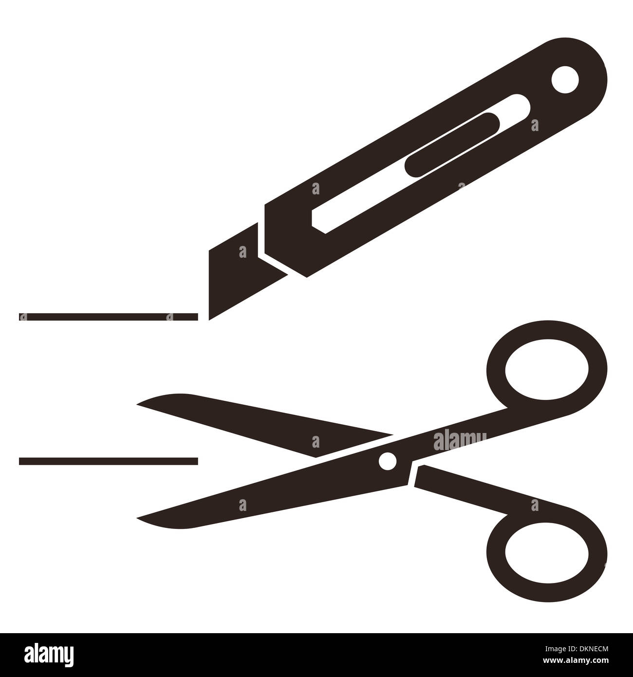 Cuttermesser und Scheren-Symbol isoliert auf weißem Zeitmessung Stockfoto