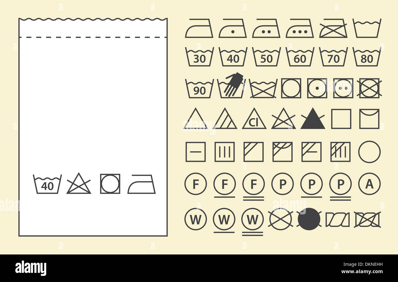 Textile Etikettenvorlage und waschen Symbole (Wäsche Icons) Stockfoto