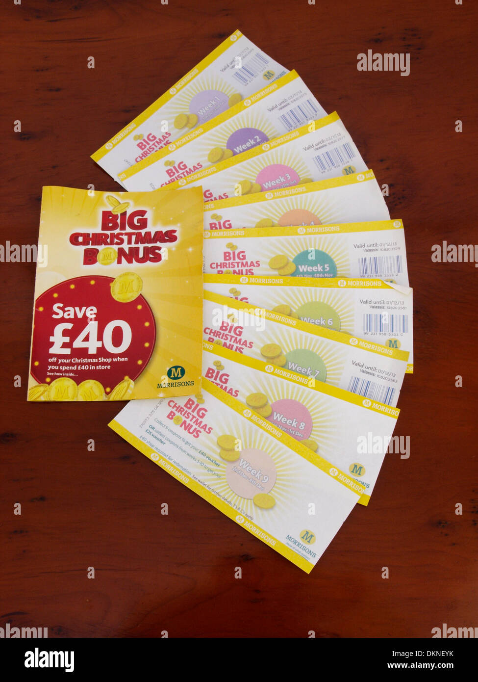Morrisons Supermarkt Weihnachten Werbeartikel Tickets, UK Stockfoto