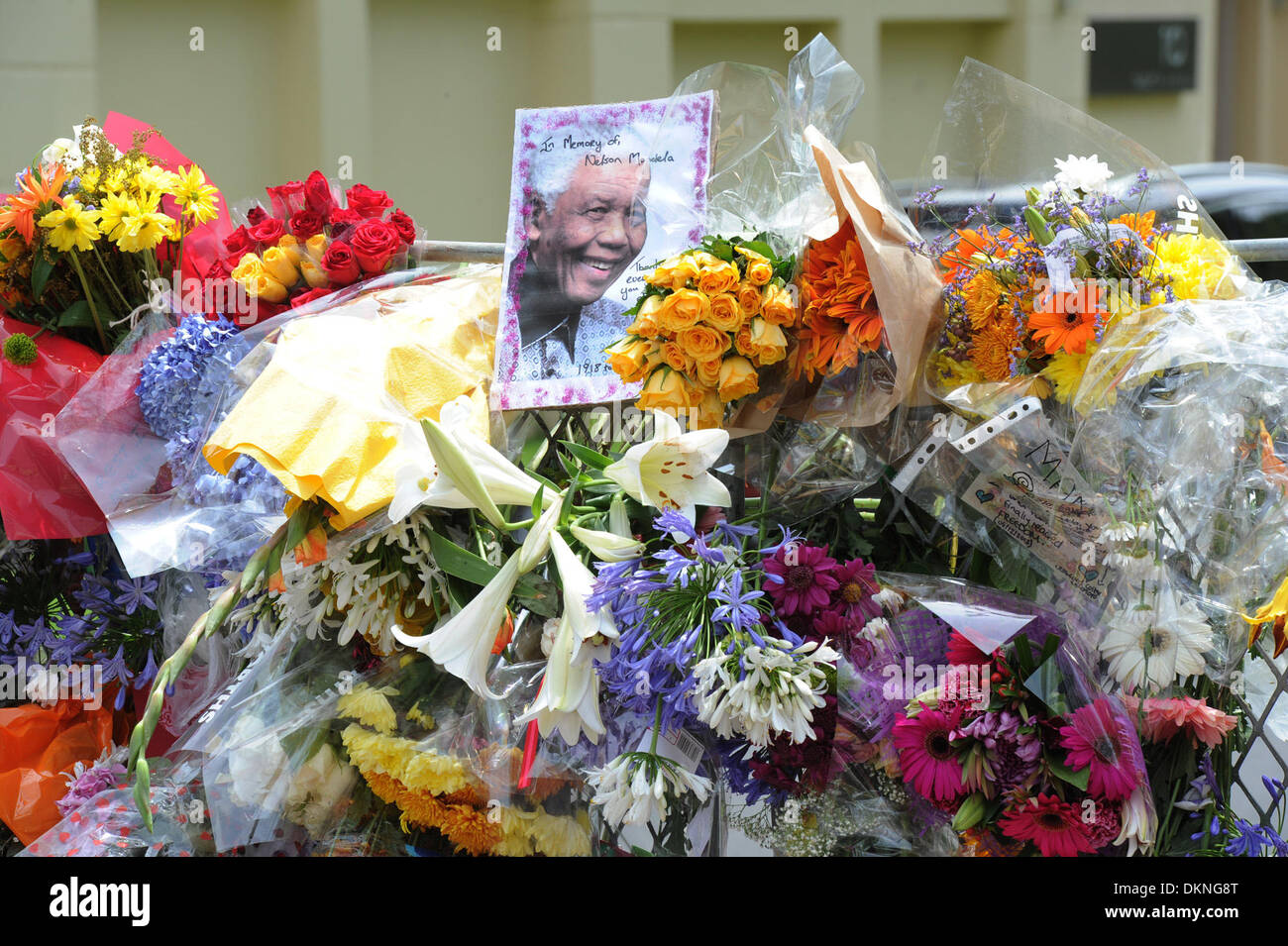 HOUGHTON, SÜDAFRIKA. 7. Dezember 2013. Hommagen an frühere Präsident Nelson Mandela am 7. Dezember 2013 in Houghton, Johannesburg, Südafrika. Trauernde haben seit Anhörung seines Todes die Ehre sammeln. Der Vater der Nation, Nelson Mandela, Tata Madiba, ruhig am Abend des 5. Dezember 2013 in seinem Haus in Houghton mit Familie verstorben. (Foto von Gallo Images / Stadt Presse / Glück Nxumalo) Stockfoto