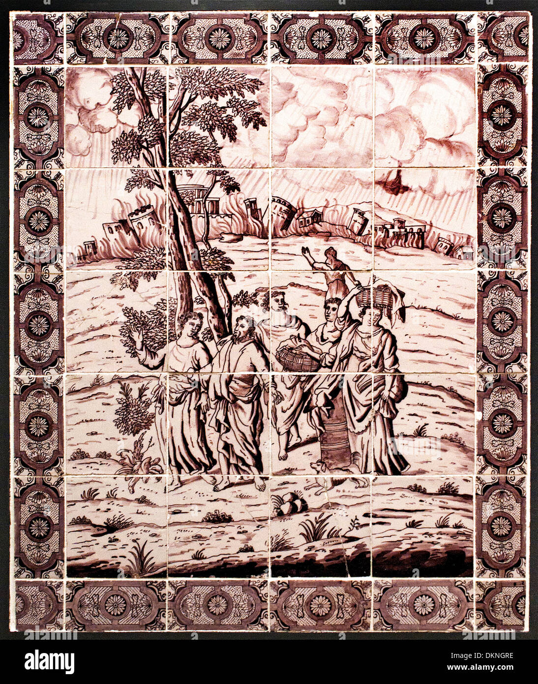 biblische Darstellung des Fluges der Menge von Sodom und Gomorra niederländische Fliese Fliesen 17. / 18. Jahrhundert Niederlande Holland Museum Stockfoto